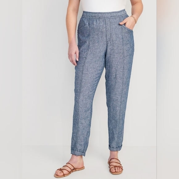 High-Waisted Chambray Cropped Linen-Blend Tapered Small Blue Pants-Women OldNavy - Picture 9 of 13